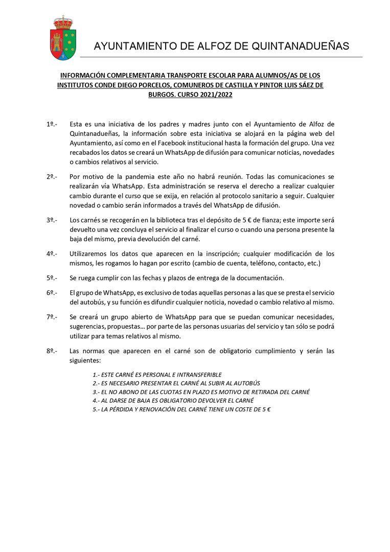 INFORMACION USUARIOS/AS DEL TRANSPORTE ESCOLAR PARA ALUMNOS/AS DE LOS INSTITUTOS CONDE DIEGO PORCELOS, COMUNEROS DE CASTILLA Y PINTOR LUIS SÁEZ DE BURGOS. CURSO 2021/2022